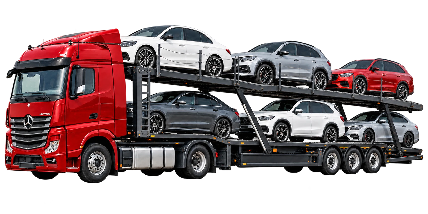 Красный автовоз Mercedes с автомобилями